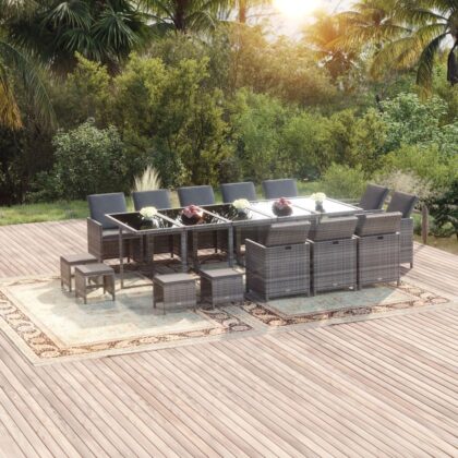 15-tlg. Garten-Essgruppe mit Kissen Poly Rattan Grau