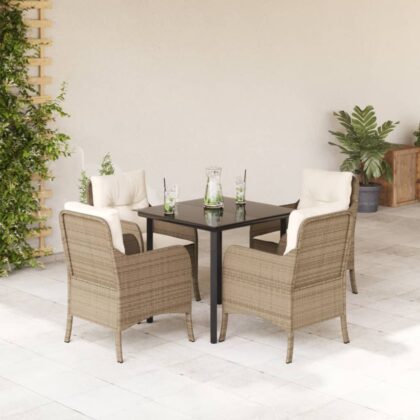 5-tlg. Garten-Essgruppe mit Kissen Beige Poly Rattan